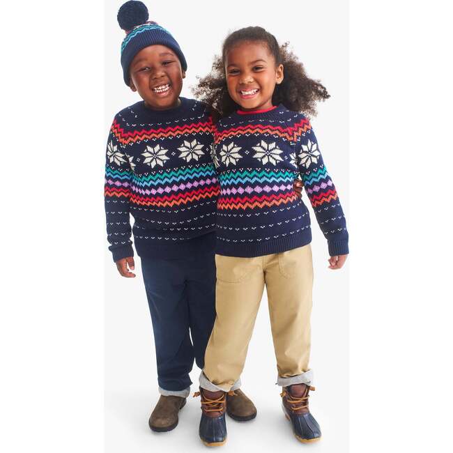 Kids Snowflake Fair Isle Sweater, Navy Rainbow - Sweaters - 4