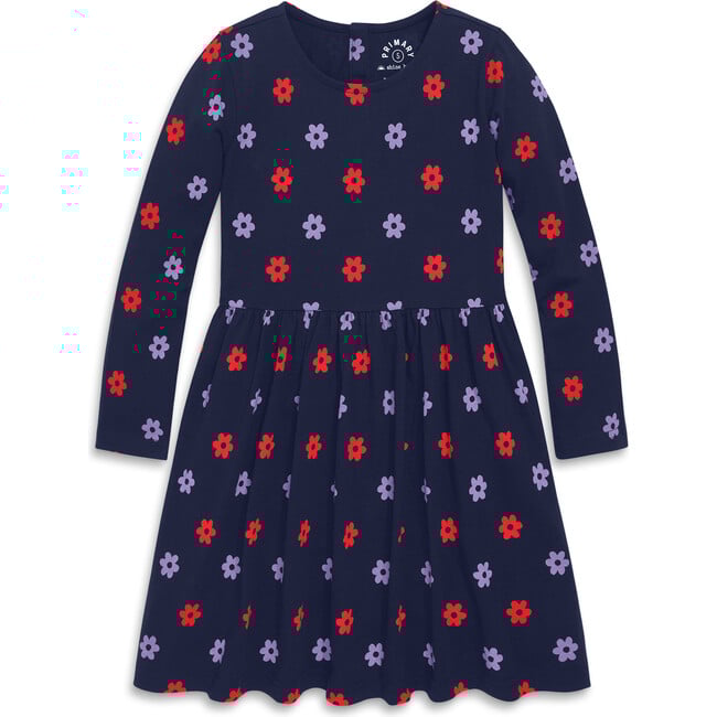 Kids Long Sleeve Perfect Pocket Dress, Navy Poppy Hydrangea Blooms