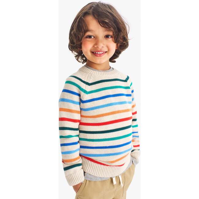 Kids Crewneck Sweater, Heather Sand Multi Stripe - Sweaters - 2