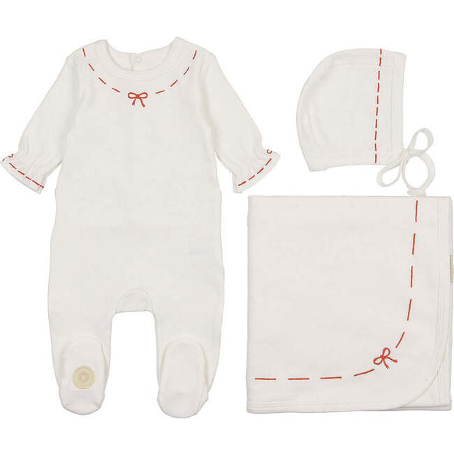 Soft Stitches Layette Set, Girls Ivory & Red