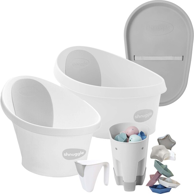 Growing Family Bath Time Bundle: Toddler Bath + Baby Bath + Accessories Bundle + Squishy Changing Mat, White