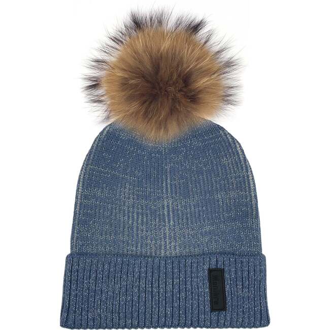 Ribbed Lurex Knit Hat With Faux Fur Pom, Blue - Hats - 1
