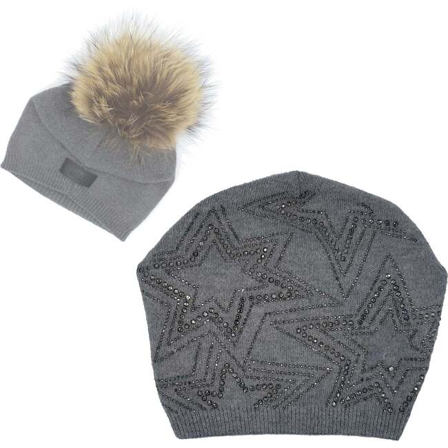 Rhinestone Star Design Hat With Faux Fur Pom, Grey - Hats - 1