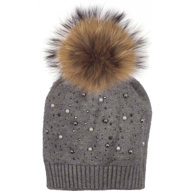 Pearl Studded Wool Hat With Faux Fur Pom, Grey - Hats - 1