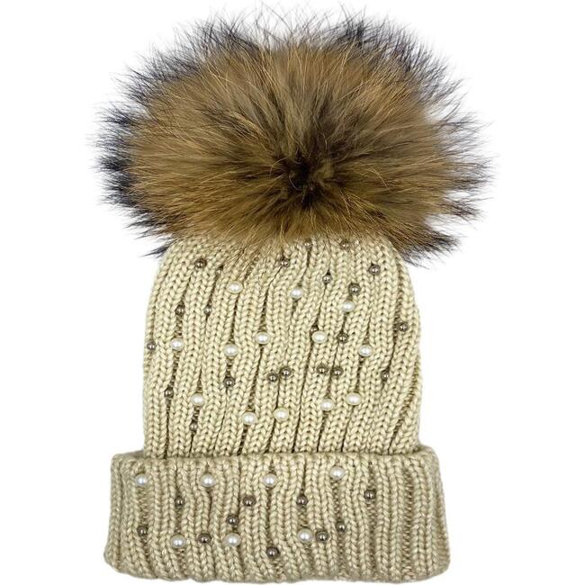 Pearl Embellished Ribbed Beanie With Faux Fur Pom, Ivory - Hats - 1