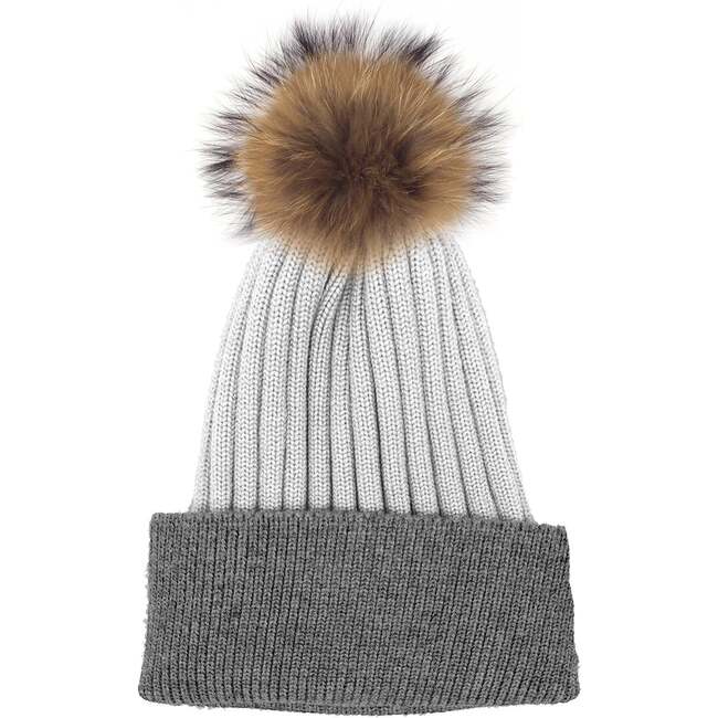 Flat Ribbed Wool Blend Hat With Faux Fur Pom, Dusty Grey/ Charcoal - Hats - 1