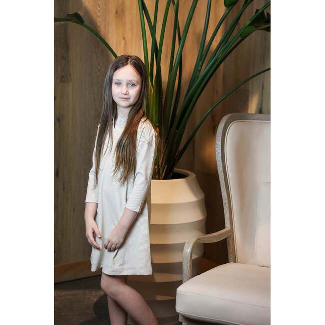 Seersucker 3/4 Sleeve Dress, Tan
