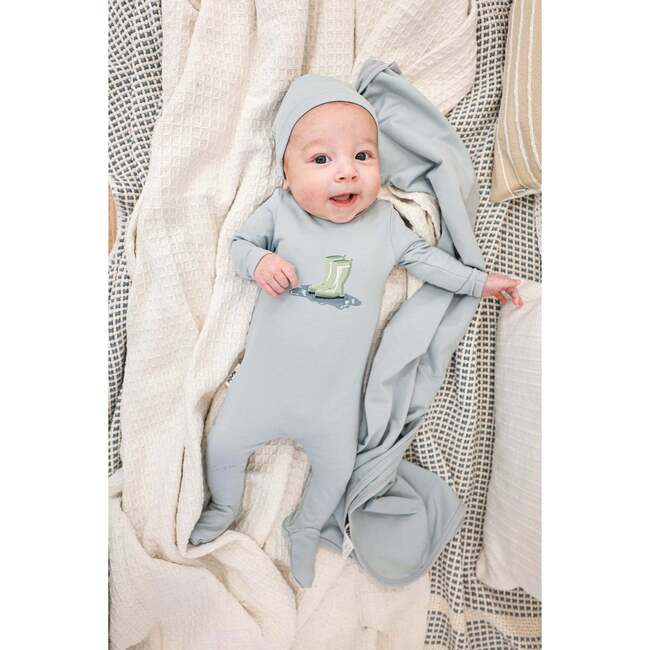 Rain Boot Print Footie and Beanie Set, Blue