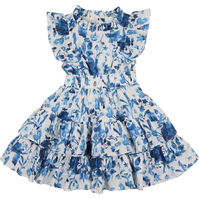 Blue Garden Short Sleeve Dress, White Blue