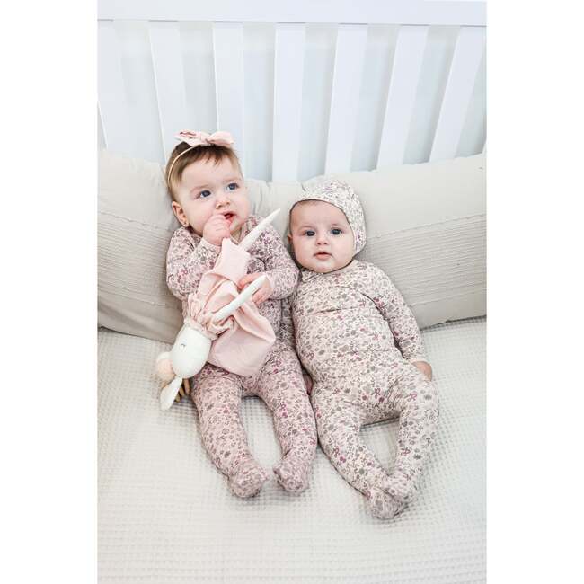 Elegant Floral Footie and Beanie Set, Mauve - Footie Pajamas - 3