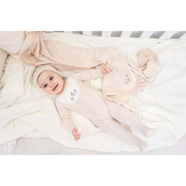 Embroidered Bib Footie and Beanie Set, Biscuit