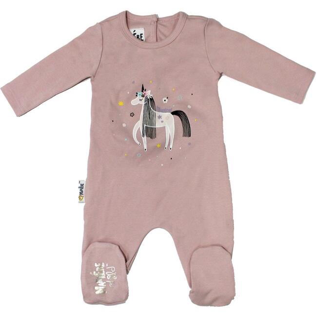 Unicorn Print Cotton Footie, Mauve