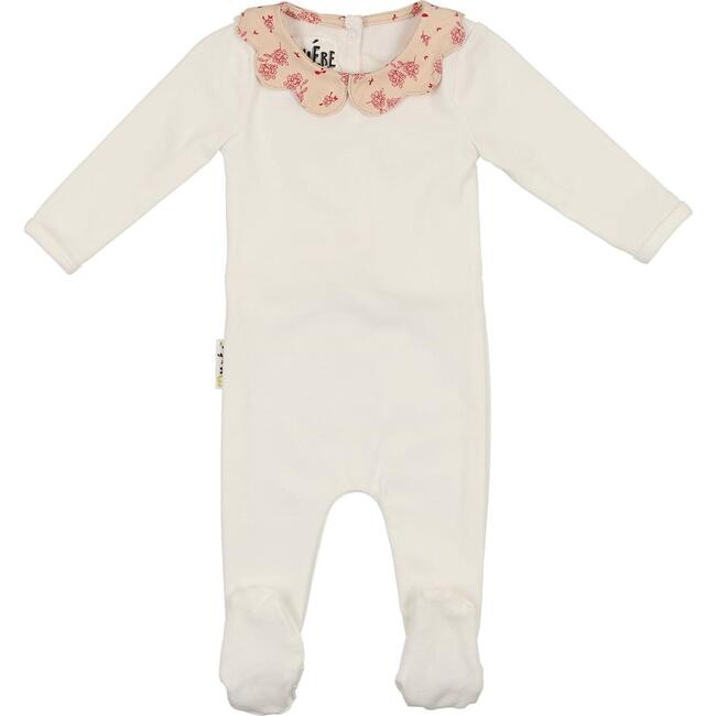 Scalloped Print Collar Footie, White & Rose