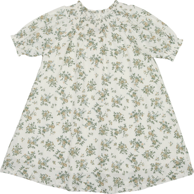 Smocked Floral 3-Quarter Sleeve Dress, White