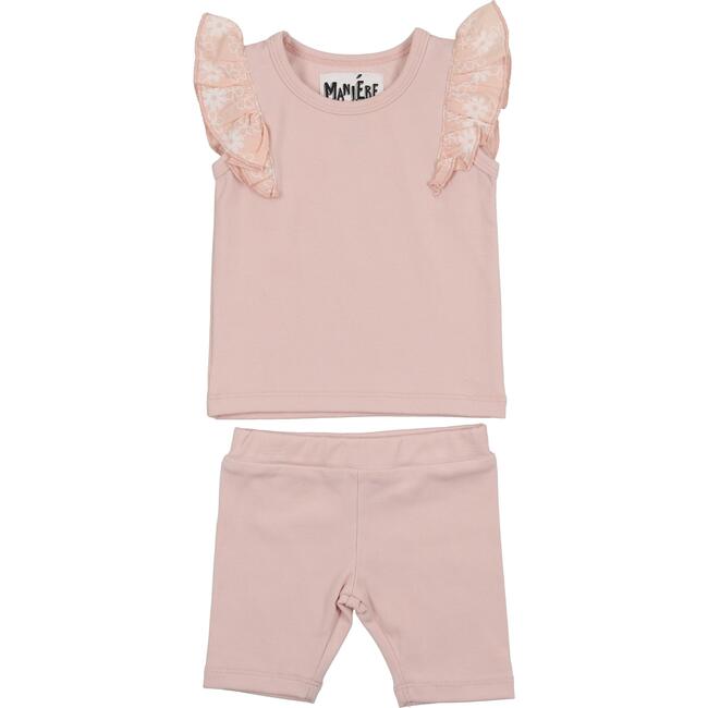 S22 Shoulder Ruffle Top & Short Set, Pale Pink