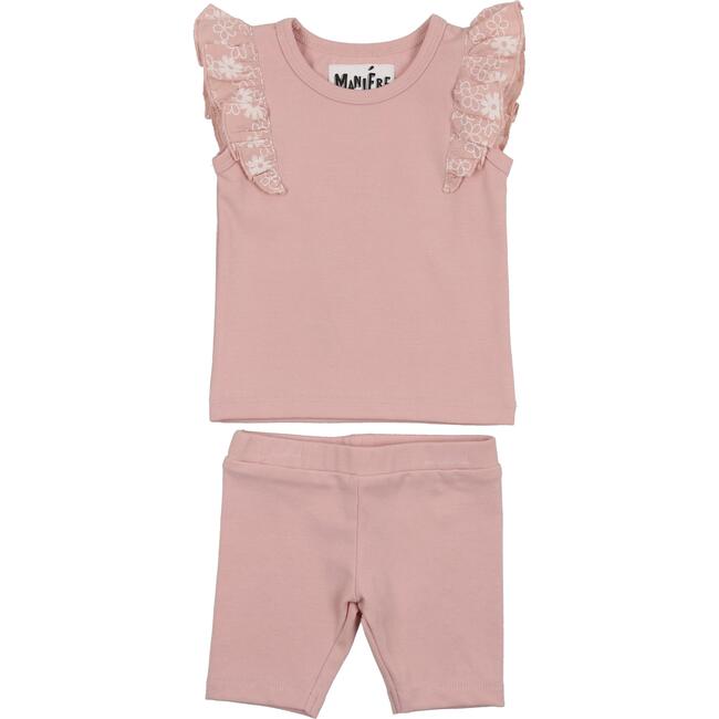 S22 Shoulder Ruffle Top & Short Set, Mauve - Mixed Apparel Set - 1