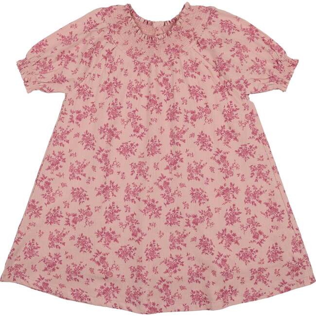 Smocked Floral Short Sleeve Dress, Fuchsia - Dresses - 1