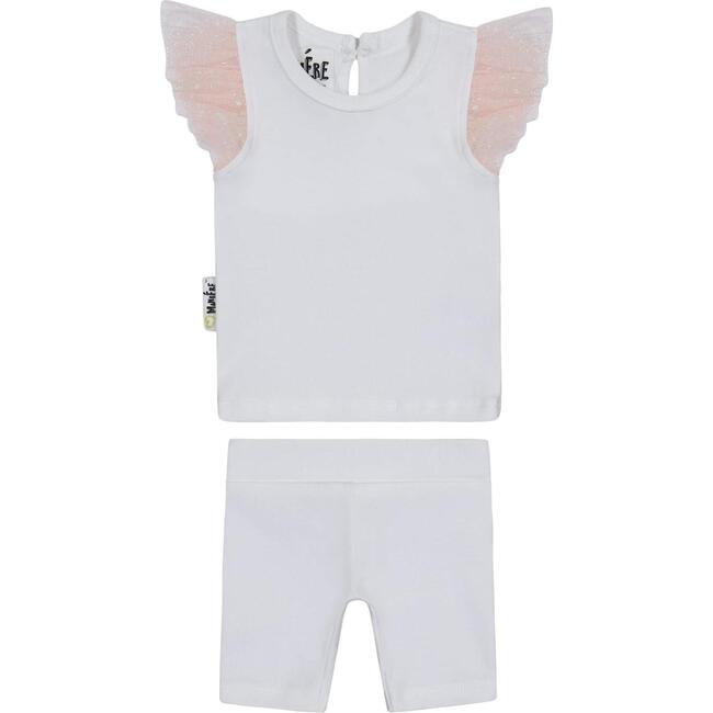 Glitter Mesh 2-Piece Top & Short Set, White & Mauve