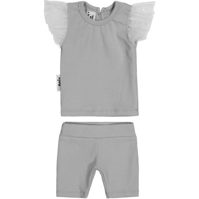 Glitter Mesh 2-Piece Top & Short Set, Grey