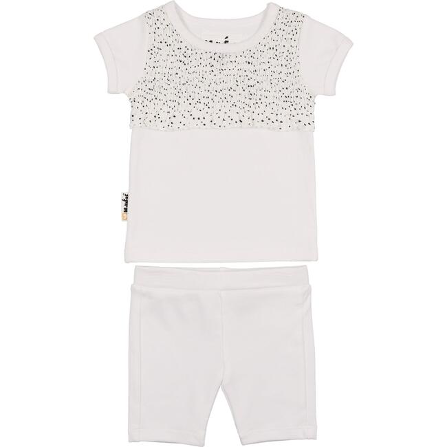 Girls Speckled Smocked Top & Short Set, White