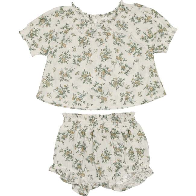 Girls Smocked Floral Top & Short Set, White - Mixed Apparel Set - 1