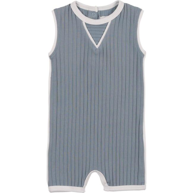 Piped Ribbed Romper, Denim Blue