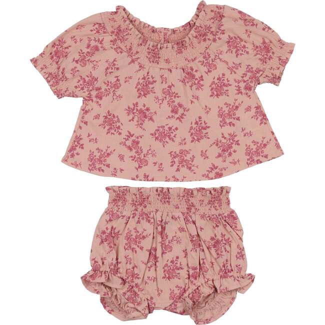 Girls Smocked Floral Top & Short Set, Fuchsia