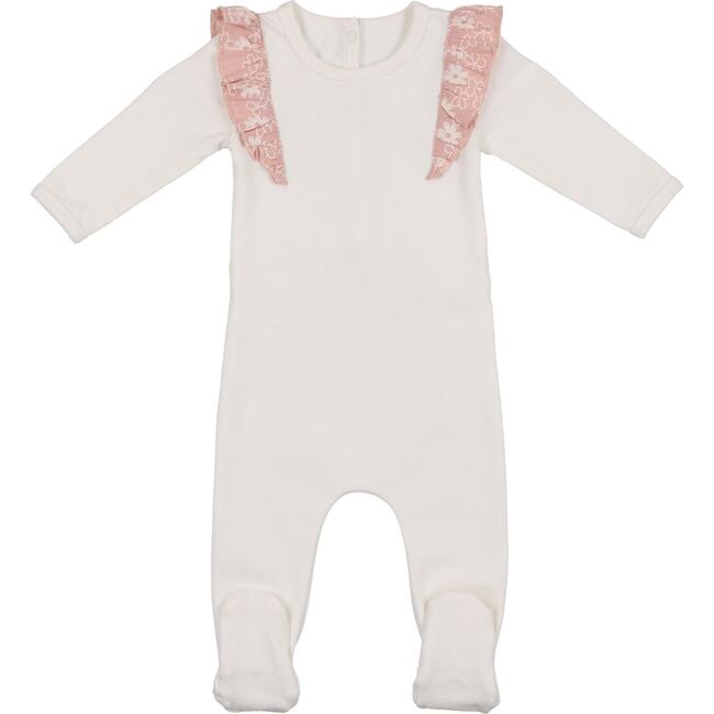Print Shoulder Ruffle Footie, White