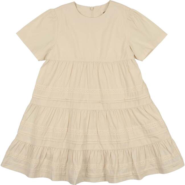 Pleats-N-Tiers Short Sleeve Dress, Cream - Dresses - 1
