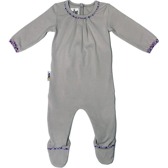 Floral Trim Pleated Neck Footie, Grey
