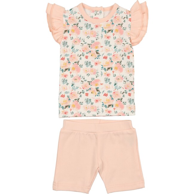 Floral Print 2-Piece Flutter Sleeve Top & Short Set, White