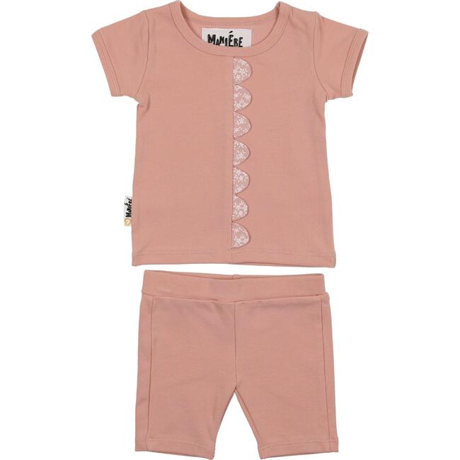 Floral Scalloped Front Top & Short Set, Salmon