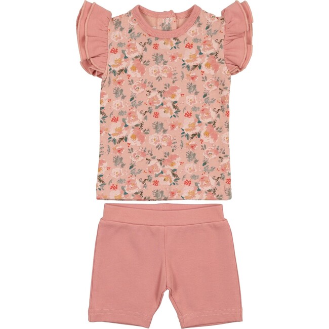 Floral Print 2-Piece Flutter Sleeve Top & Short Set, Mauve