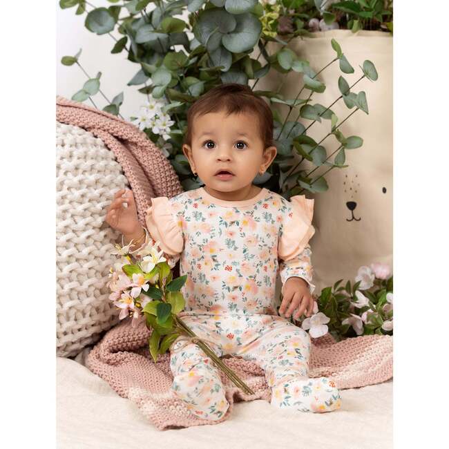 Floral Print Shoulder Ruffle Footie, White & Pink
