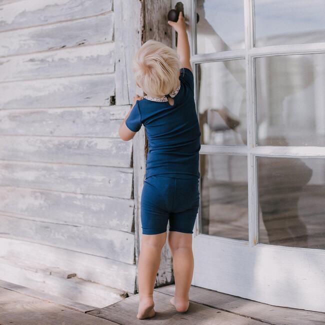Floral Collar 2-Piece Top & Short Set, White & Baby Blue