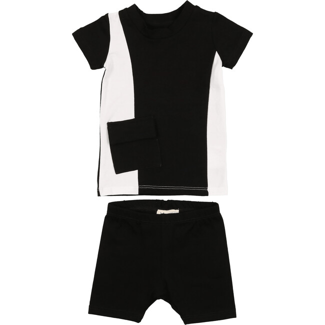 Color-Block Pocket Tee & Short Set, Black & White