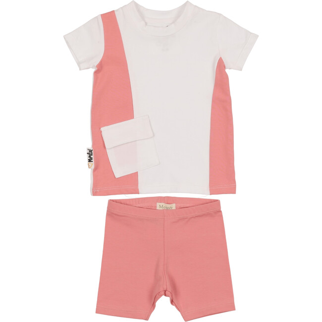 Color-Block Pocket Tee & Short Set, White & Coral