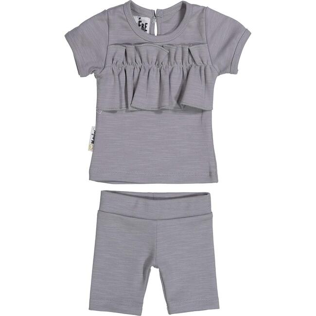 Chest Ruffle 2-Piece Top & Short Set, Grey