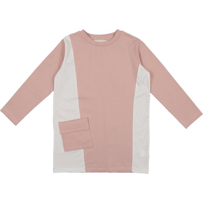 Colorblock Pocket 3-Quarter Sleeves Tee, Mauve & White