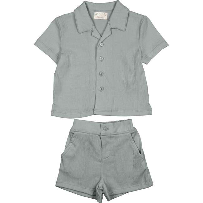 Boys Printed Gauze Collared Shirt & Short Set, Sage