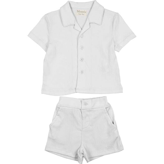 Boys Printed Gauze Collared Shirt & Short Set, White