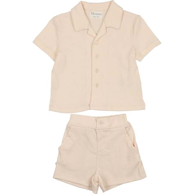 Boys Printed Gauze Collared Shirt & Short Set, Cream