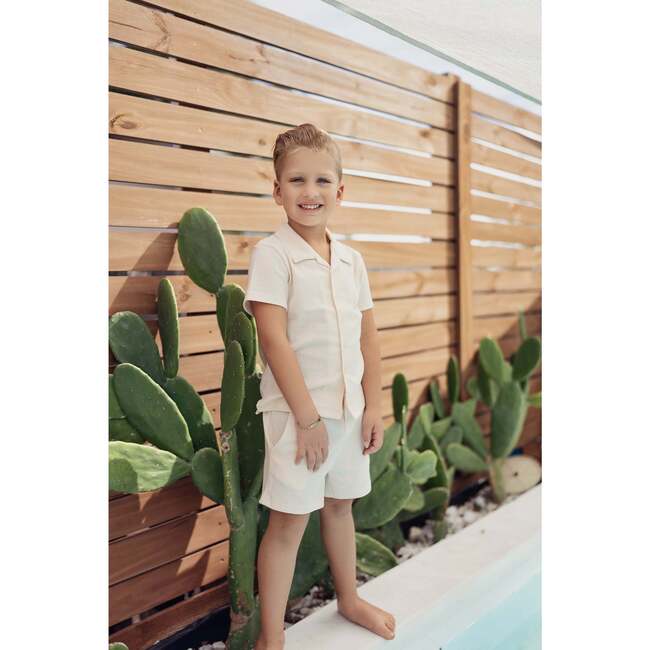 Boys Printed Gauze Collared Shirt & Short Set, White - Mixed Apparel Set - 3
