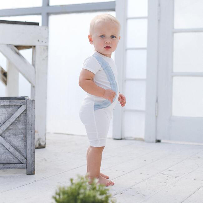 Arc Patch Romper, White & Light Blue