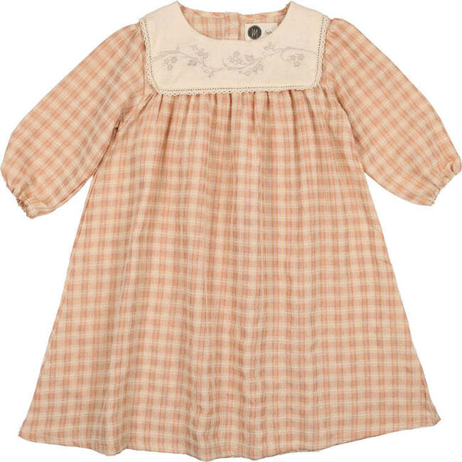 Textured Plaid Long Sleeve Dress, Peach