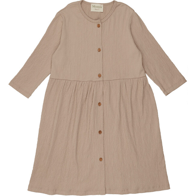 Cotton Gauze Long Sleeve Buttoned Dress, Sand
