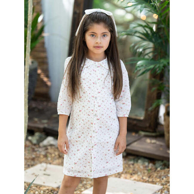 Clipdot Floral Peter Pan Collar 3/4 Sleeve Dress, White - Dresses - 2