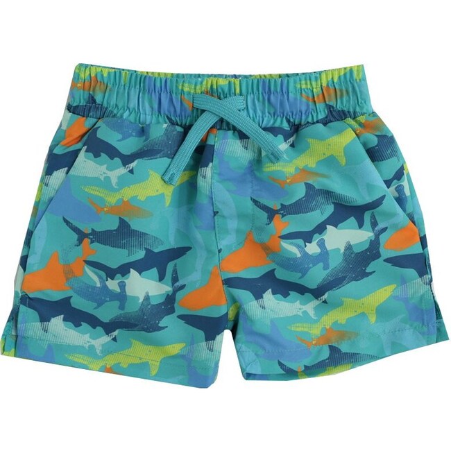 Shark Print Swimsuit, Blue - Swim Trunks - 1