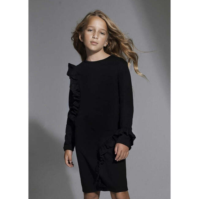 Ruffle Neck Long Sleeve Dress, Black - Dresses - 2