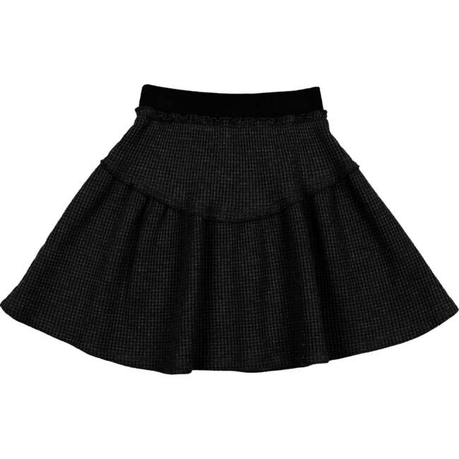 Waffle Knit Tiered Yoke Ribbed Waist A-Line Short Skirt, Black